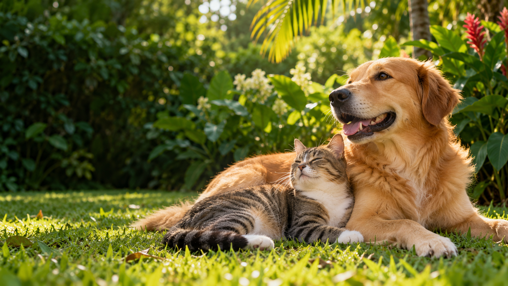 Ilustración de un perro y un gato descansando juntos en un jardín