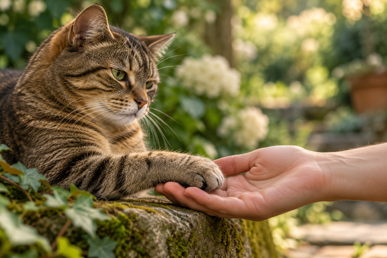 Imagen ilustrativa de un gato apoyando su pata en una mano